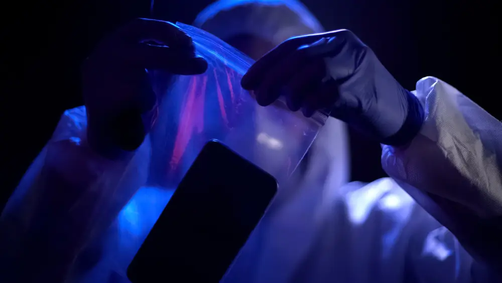 Een politieman verzegelt een smartphone in een bewijszak voor digitaal forensisch onderzoek.