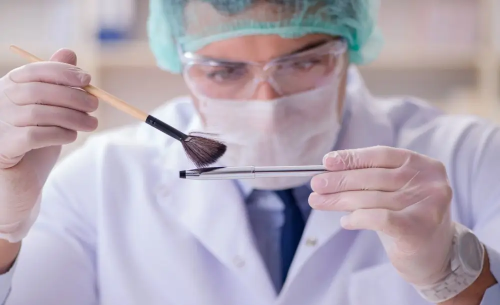 Forensisch expert die met een penseel en analytische apparatuur een overtuigingsstuk onderzoekt in het politielabo.