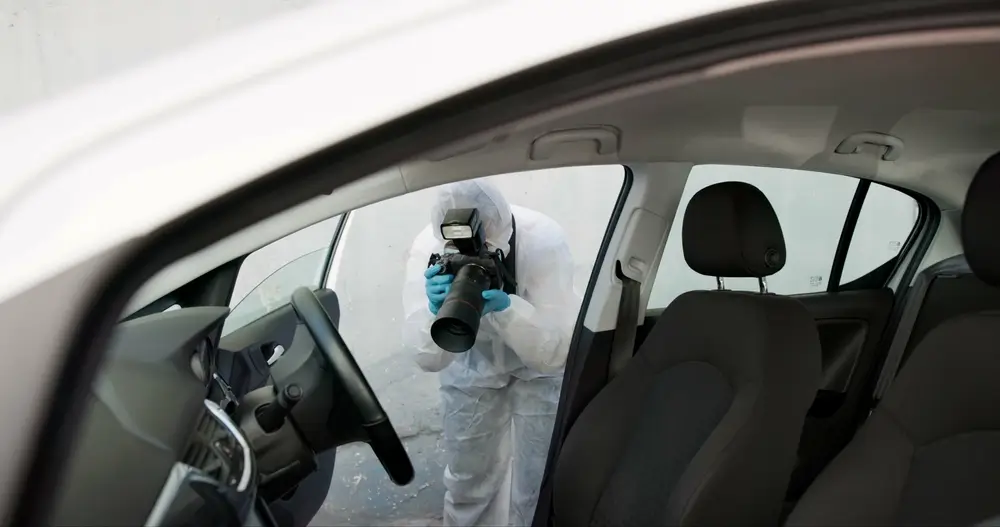 Forensisch technicus die het interieur van een wagen fotografeert voor de digitale documentatie van een plaats delict.