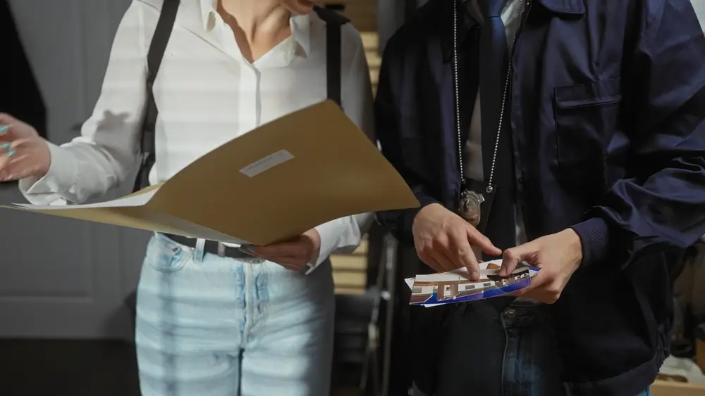 Politie-inspecteurs tijdens een briefing die een dossier en foto's bestuderen tijdens een operationele teamvergadering.