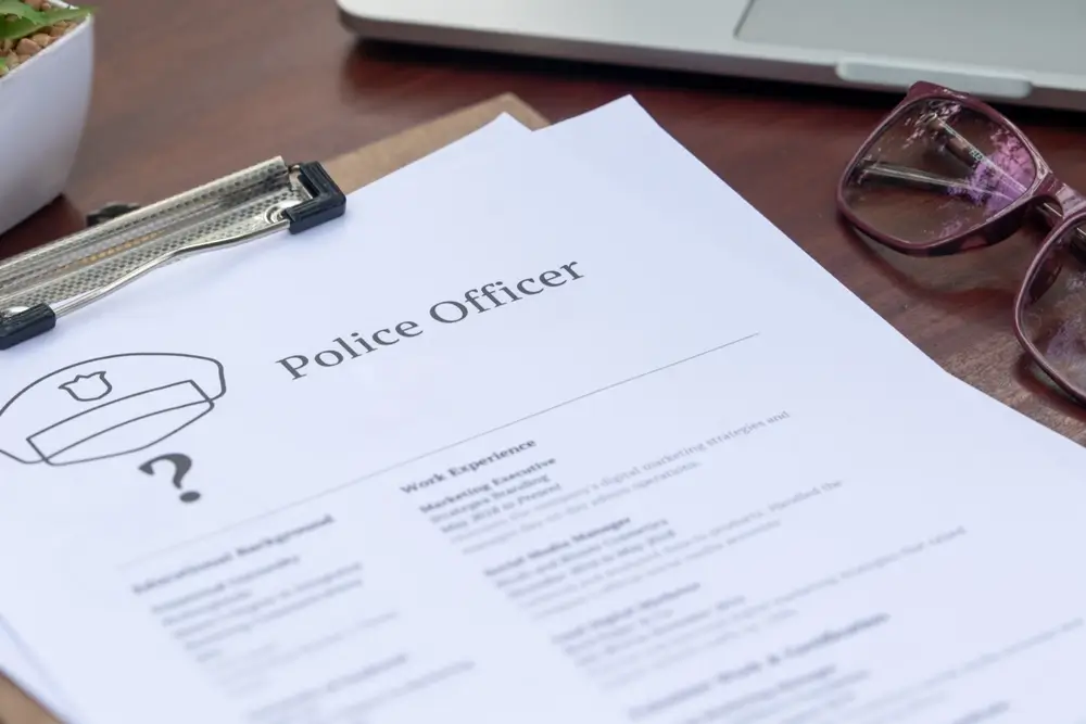 Cv getiteld "Police Officer" op een bureau tijdens een rekruterings- en selectiegesprek voor kandidaat-politieagenten.