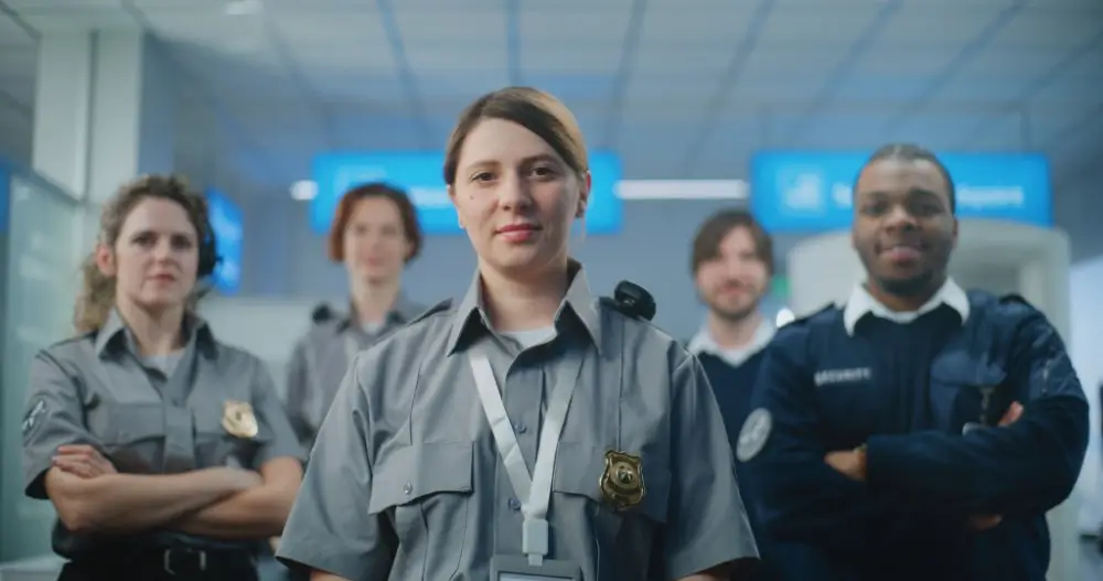 Équipe d'agents de sécurité en uniforme de la Police Fédérale en patrouille dans le hall d'un aéroport.