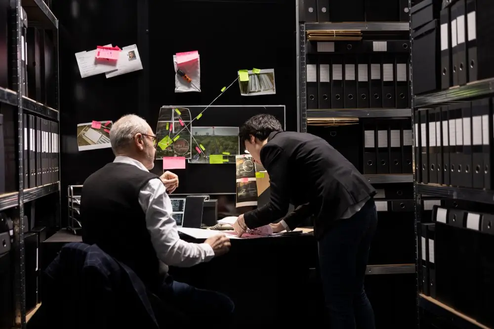 Politiemensen analyseren documenten in een archiefruimte tijdens een huiszoeking voor een EcoFin-terreinonderzoek.