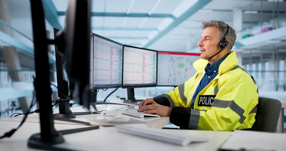 Politieonderzoeker analyseert data op meerdere beeldschermen tijdens een onderzoek naar cybercriminaliteit.