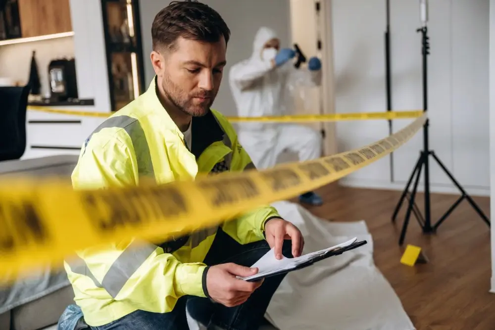 Onderzoekers van de technische en wetenschappelijke politie die sporenonderzoek uitvoeren op een plaats delict afgebakend met politielint.